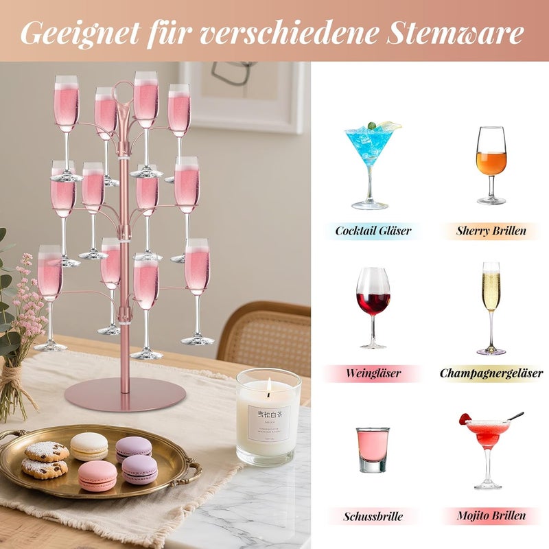 KUK Cocktail Tree Stand for Party, Metal Drink Tower with 3 Tier 12 Holders, Bar Drinks Tree Display Wine Glasses Holder Suitable for Champagne Cocktails Martini at Christmas Weddings Bridal Shower (Rose Gold) - Image 5
